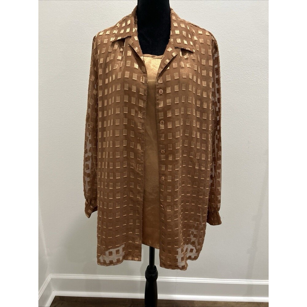 Allison Daley II Women Plus Sz 2X Layered Blouse Long Sleeve Button Up With Tank